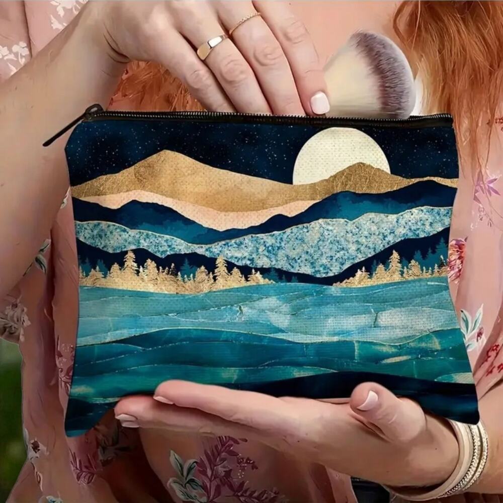 Blue Mountain Moon Cosmetic Bag Night Landscape Makeup Pouch 7x8 New
